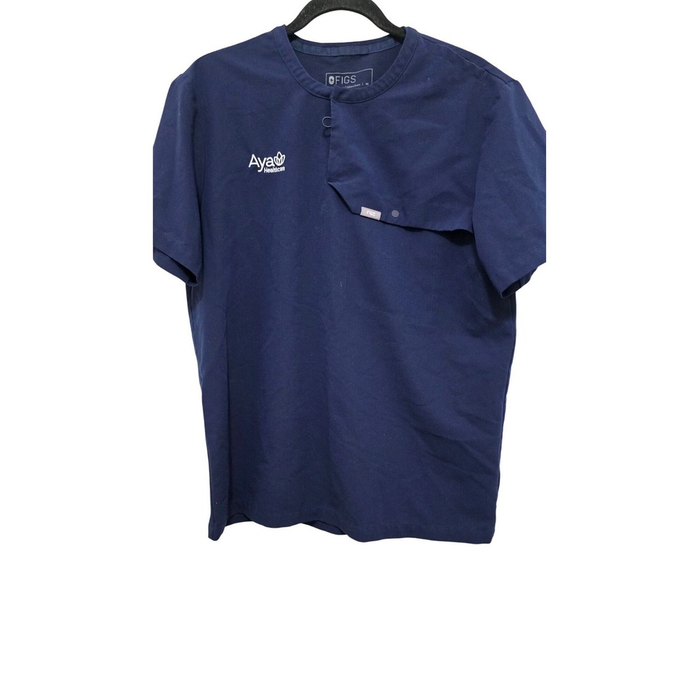 Figs Navy Blue Men's Scrub Top Aya Healthcare Logo Short Sleeve Size M Lightweig